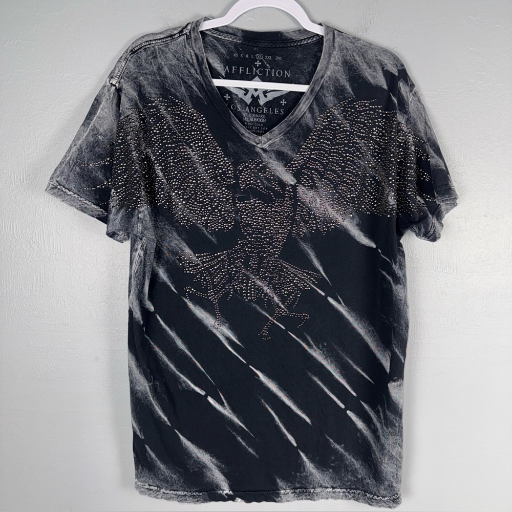 Affliction T-Shirt XL Y2K Gothic Eagle Graphic Grunge Black Acid Wash Studded